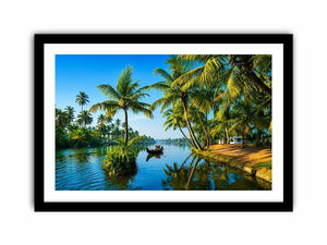 kerala backwaters wall art tropical river palm trees boat serene landscape canvas decor