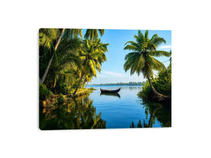 Kerala backwaters boat reflection tropical palm trees serene luxury coastal wall art canvas print