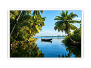 Kerala backwaters boat reflection tropical palm trees serene luxury coastal wall art canvas print