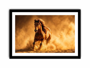 running horse desert dust golden light powerful animal wall art canvas