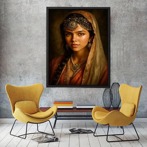 vintage indian woman portrait royal jewelry traditional art canvas wall decor