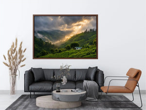 misty green hills landscape fog valley nature wall art peaceful countryside canvas