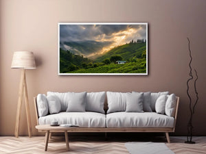 misty green hills landscape fog valley nature wall art peaceful countryside canvas