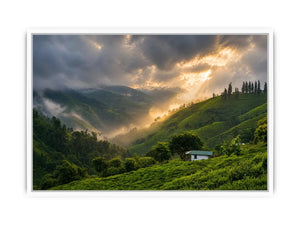 misty green hills landscape fog valley nature wall art peaceful countryside canvas