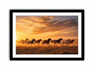 running horses herd desert sunset dust wildlife wall art canvas decor