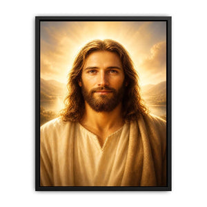 Realistic Jesus portrait wall art with glowing golden heavenly light and peaceful spiritual expression in luxury Christian style