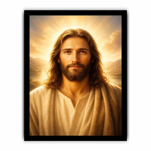 Realistic Jesus portrait wall art with glowing golden heavenly light and peaceful spiritual expression in luxury Christian style