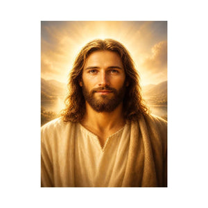 Realistic Jesus portrait wall art with glowing golden heavenly light and peaceful spiritual expression in luxury Christian style