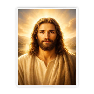 Realistic Jesus portrait wall art with glowing golden heavenly light and peaceful spiritual expression in luxury Christian style