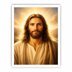 Realistic Jesus portrait wall art with glowing golden heavenly light and peaceful spiritual expression in luxury Christian style
