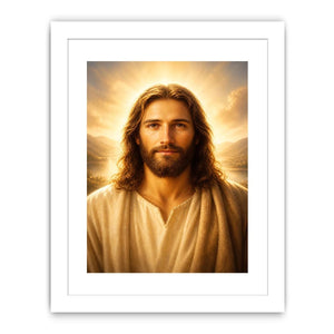 Realistic Jesus portrait wall art with glowing golden heavenly light and peaceful spiritual expression in luxury Christian style