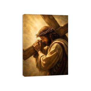 Jesus carrying the cross wall art with crown of thorns and dramatic golden spiritual light in realistic Christian style