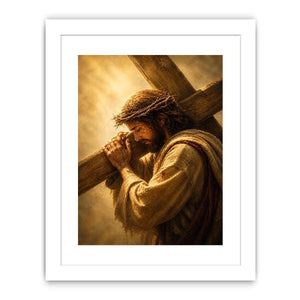 Jesus carrying the cross wall art with crown of thorns and dramatic golden spiritual light in realistic Christian style