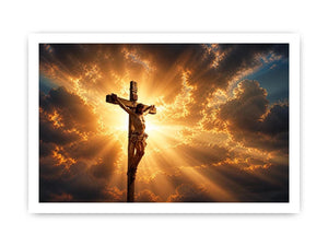 Jesus on the cross illuminated by heavenly golden light with dramatic clouds Christian wall art canvas print