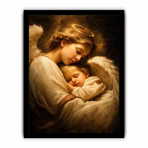 Guardian angel embracing sleeping child with warm golden light spiritual canvas wall art