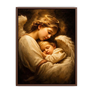Guardian angel embracing sleeping child with warm golden light spiritual canvas wall art