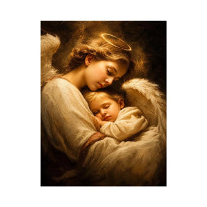 Guardian angel embracing sleeping child with warm golden light spiritual canvas wall art