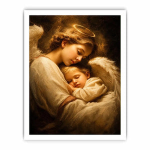 Guardian angel embracing sleeping child with warm golden light spiritual canvas wall art