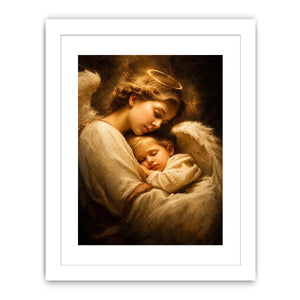 Guardian angel embracing sleeping child with warm golden light spiritual canvas wall art