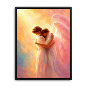 Ethereal angel embracing woman in radiant pastel light spiritual canvas wall art