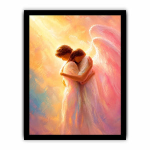 Ethereal angel embracing woman in radiant pastel light spiritual canvas wall art