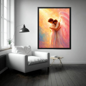 Ethereal angel embracing woman in radiant pastel light spiritual canvas wall art