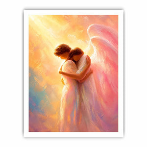 Ethereal angel embracing woman in radiant pastel light spiritual canvas wall art