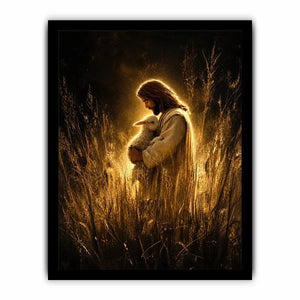 Jesus holding lamb in glowing golden field Christian spiritual wall art canvas print