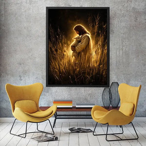 Jesus holding lamb in glowing golden field Christian spiritual wall art canvas print