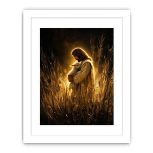 Jesus holding lamb in glowing golden field Christian spiritual wall art canvas print