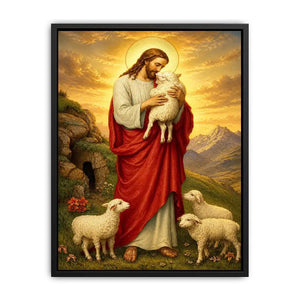 Jesus holding lamb surrounded by sheep in golden mountain landscape Christian wall art canvas