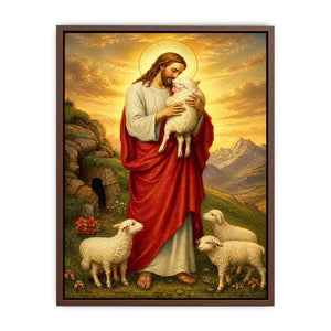 Jesus holding lamb surrounded by sheep in golden mountain landscape Christian wall art canvas