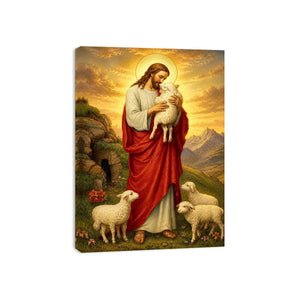 Jesus holding lamb surrounded by sheep in golden mountain landscape Christian wall art canvas