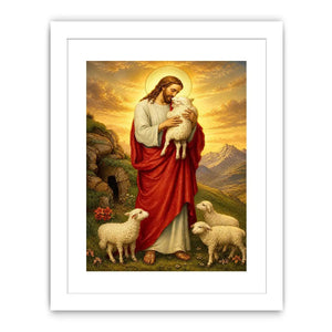 Jesus holding lamb surrounded by sheep in golden mountain landscape Christian wall art canvas