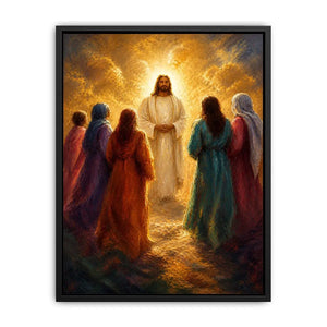 Jesus surrounded by followers in radiant golden light Christian spiritual wall art canvas