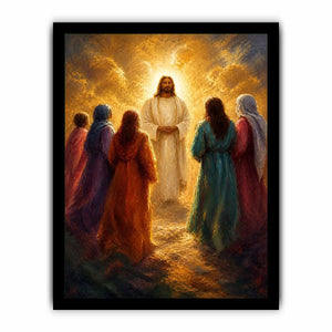Jesus surrounded by followers in radiant golden light Christian spiritual wall art canvas