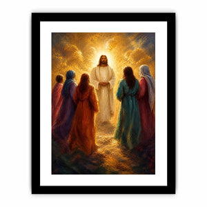 Jesus surrounded by followers in radiant golden light Christian spiritual wall art canvas