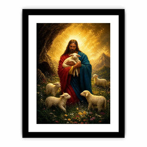 Jesus holding lamb surrounded by sheep in glowing mountain landscape Christian wall art canvas