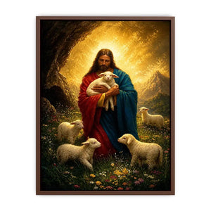 Jesus holding lamb surrounded by sheep in glowing mountain landscape Christian wall art canvas