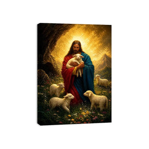 Jesus holding lamb surrounded by sheep in glowing mountain landscape Christian wall art canvas