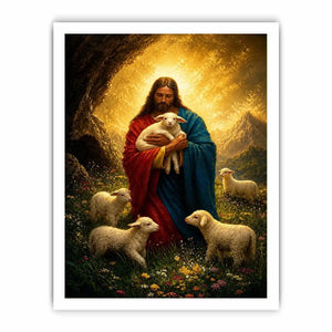 Jesus holding lamb surrounded by sheep in glowing mountain landscape Christian wall art canvas