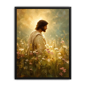 Jesus standing in glowing wildflower meadow with heavenly light Christian wall art canvas