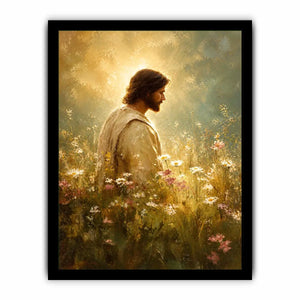 Jesus standing in glowing wildflower meadow with heavenly light Christian wall art canvas