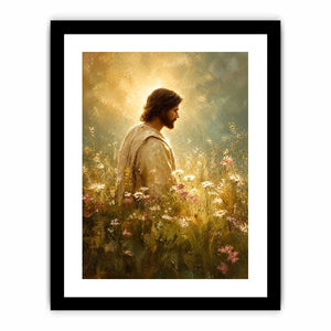 Jesus standing in glowing wildflower meadow with heavenly light Christian wall art canvas