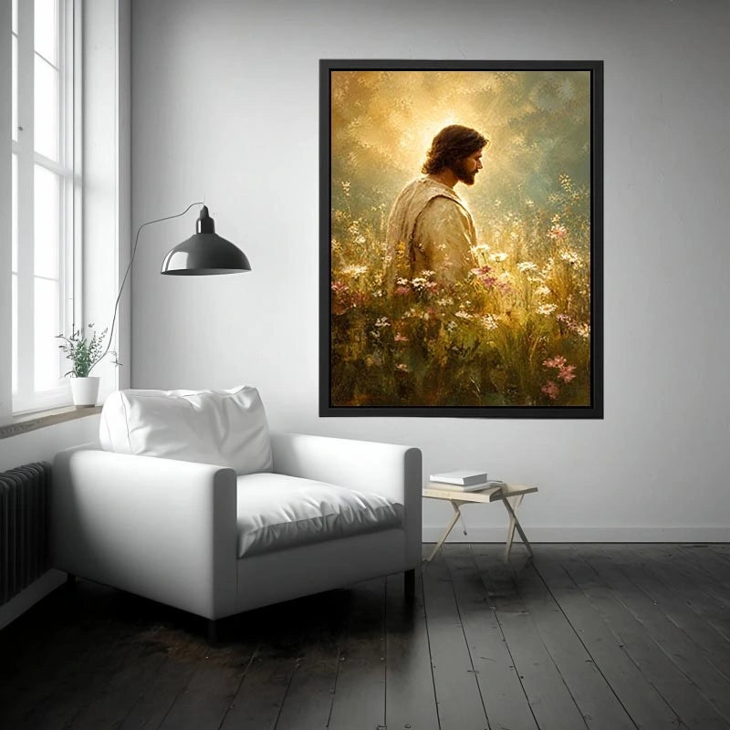 Jesus standing in glowing wildflower meadow with heavenly light Christian wall art canvas