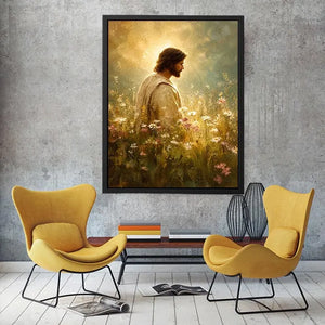 Jesus standing in glowing wildflower meadow with heavenly light Christian wall art canvas