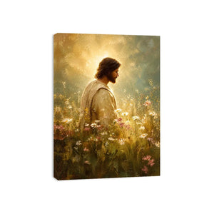 Jesus standing in glowing wildflower meadow with heavenly light Christian wall art canvas