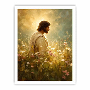 Jesus standing in glowing wildflower meadow with heavenly light Christian wall art canvas