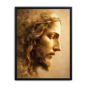 Close up portrait of Jesus with crown of thorns in golden light Christian wall art canvas