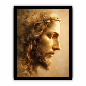 Close up portrait of Jesus with crown of thorns in golden light Christian wall art canvas